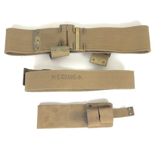 382 - WW1 Dated 1908 Webbing Equipment.  Bayonet Frog, with tang (1914) ... Waist belt (1915) ... Single B... 