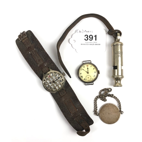 391 - WW1 1916 Dated Whistle, Watch Trench Guard etc.  1916 dated tube whistle by Hudson of Birmingham com... 