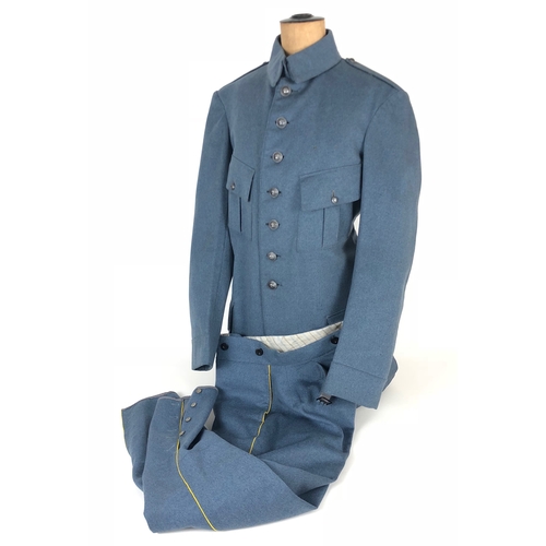 412 - French Officer's Horizon Blue tunic and breeches.  Good scarce well-made tunic with plain stand-and-... 