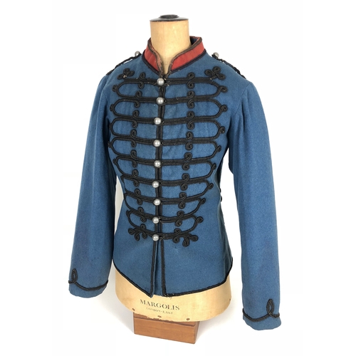 418 - French 2me. Chasseurs tunic.  Goods scarce mid-blue cloth with red collar and black cord trim with n... 