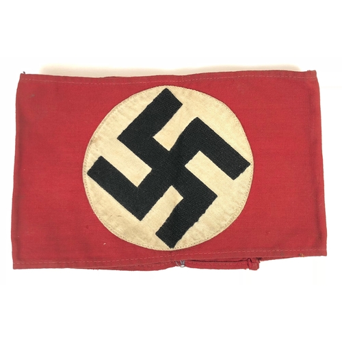 469 - German Third Reich NSDAP party member armband.  Good red cotton band bearing stitched on white cotto... 