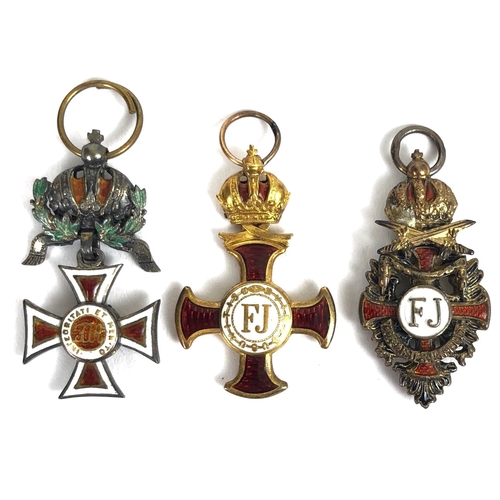 479 - 3 x Imperial Austrian miniature enamelled orders.  Order of Leopold ... Order of Franz Joseph ... Me... 