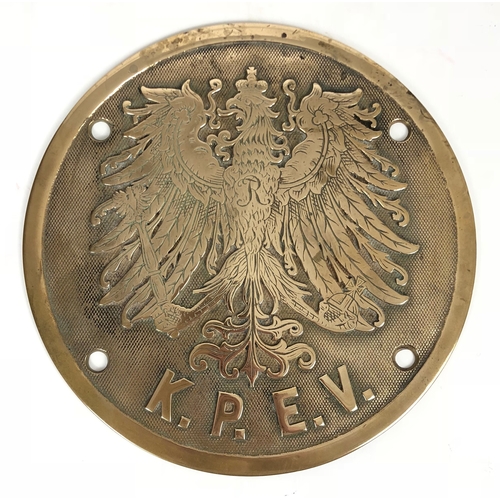 487 - Imperial German Prussian State Railway cabside plate.  Good heavy large round brass Prussian eagle p... 