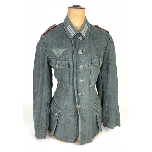 490 - German Third Reich WW2 Army reed green denim Field Service Tunic. A very good scarce four pocket her... 