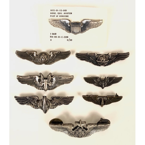 500 - 8 US Airforce Aircrew Miniature Wings Badges.  Pilot (original backing card) ... Aircrew (M S Meyer)... 