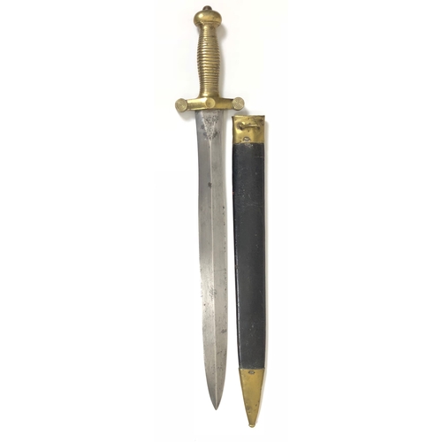 French 1832 Pattern Gladius Short Sword  A good example with double edged blade, with spear point.  The forte with “Paris”.  Cast brass one piece crossguard, ribbed grip and large pommel.  Housed in its brass mounted leather scabbard.  Some service and age wear otherwise GC.