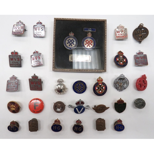 105 - Selection Of Home Front Lapel Badges
including celluloid ARP Fire Warden ... Plastic KC Salvage Stew... 