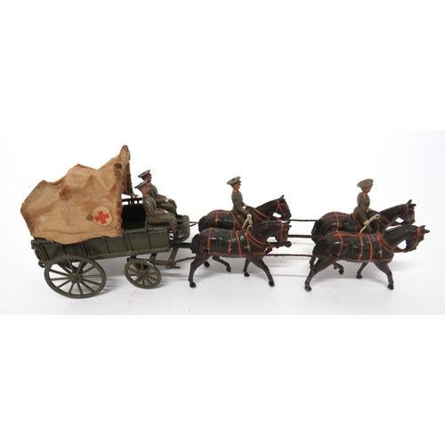 185 - Two Loose W Britain Wagon Sets
consisting RAMC field ambulance.  Four horses with riders in khaki se... 