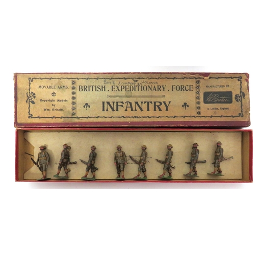 189 - Four W Britain Boxed Figure Sets
consisting set 198 machine gun section in seated position.  Khaki s... 