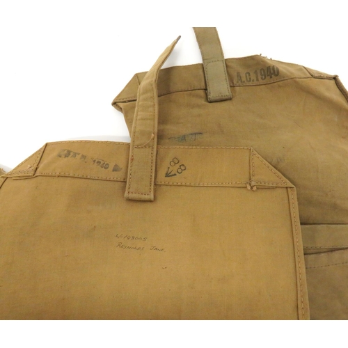 245 - Two Home Guard Pattern Side Bags
khaki, rubberised cotton, side bags.  Top flaps secured by str... 