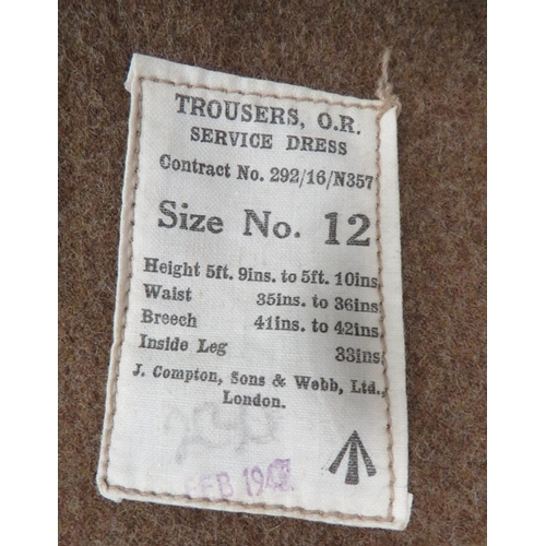 286 - WW2 1922 Pattern Service Dress Trousers
khaki woollen, high V back, wide leg trousers.  Side sl... 