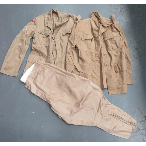 323 - 3 x Items Of Khaki Drill Uniform
consisting khaki drill breeches.  Slash waist pockets.  L... 