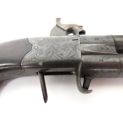 389 - Mid 19th Century Percussion Double Turn Barrel Pocket Pistol
54 bore, 2 1/4 inch, over and under, ri... 