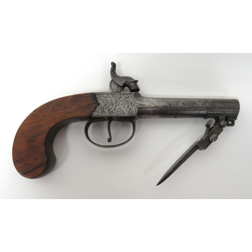 392 - Mid 19th Century Percussion Pocket Pistol With Spring Bayonet
54 bore, 3 1/2 inch, turn off rifled m... 