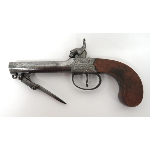 392 - Mid 19th Century Percussion Pocket Pistol With Spring Bayonet
54 bore, 3 1/2 inch, turn off rifled m... 