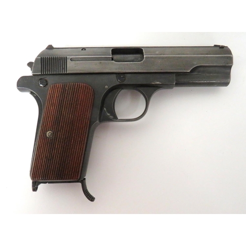 Scarce Deactivated Femaru P Mod 37 Hungarian Auto Pistol
7.65 mm, 4 inch, hidden barrel.  Top slide with front blade sight and rear V sight.  Left side marked "P. MOD 37 KAL 7.65" with maker "JhV.43".  Blued lower body and grip frame with rear grip safety.  Rear exposed hammer.  Grooved wooden slab grips.  Removable magazine.  Current deactivation cert.  
Contract of 35,000 made for the Luftwaffe in 1943. 