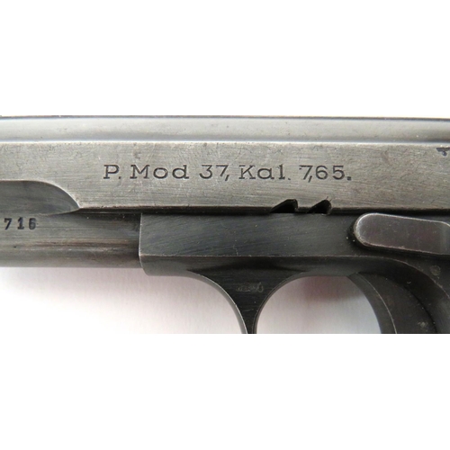 423 - Scarce Deactivated Femaru P Mod 37 Hungarian Auto Pistol
7.65 mm, 4 inch, hidden barrel.  Top slide ... 