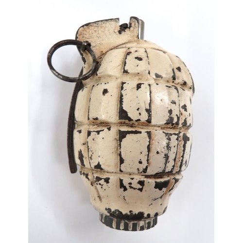 426 - WW2 Inert Drill No 36 Mills Grenade
white painted, fragmentation body.  Steel lever with maker 