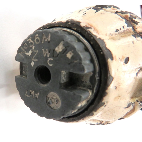 426 - WW2 Inert Drill No 36 Mills Grenade
white painted, fragmentation body.  Steel lever with maker 