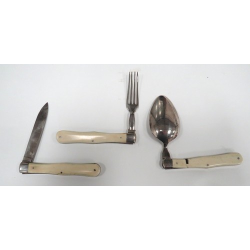 147 - Set Of Late 19th Century Campaign Cutlery
consisting bone handled, folding knife, separate form and ... 