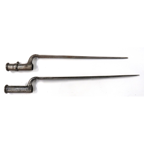 Two 19th Century Brown Bess Bayonets
consisting British made example.  16 1/2 inch, triangular form blade with hollow ground rear faces.  Forte with faint maker's stamp.  Steel shoulder and socket.  Similar, Indian used example.  15 inch, triangular form blade with hollow ground rear faces.  Steel shoulder.  Steel socket with swivel locking ring.  2 items.