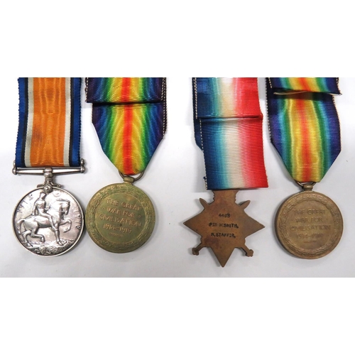 96 - North Staffs Medal Pair And Broken Trio
consisting silver War medal and Victory named 