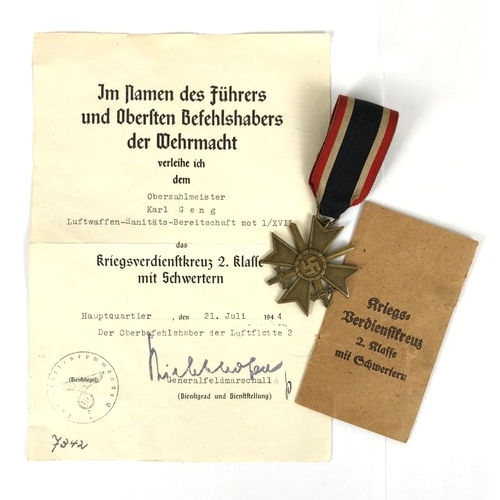 383 - German Third Reich War Merit Cross 2nd Class with swords with a 1944 citation.  Good 4xample with ri... 