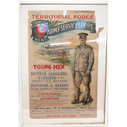 150 - WW1 Kent Territorial Army Service Corps Recruiting Poster
rare, colour printed, illustrated recruiti... 