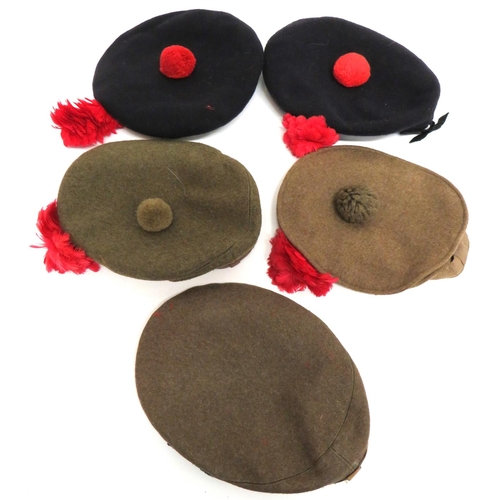 164 - Five Various Black Watch Tam O Shanter Hats
consisting 3 x khaki examples.  Two complete with f... 