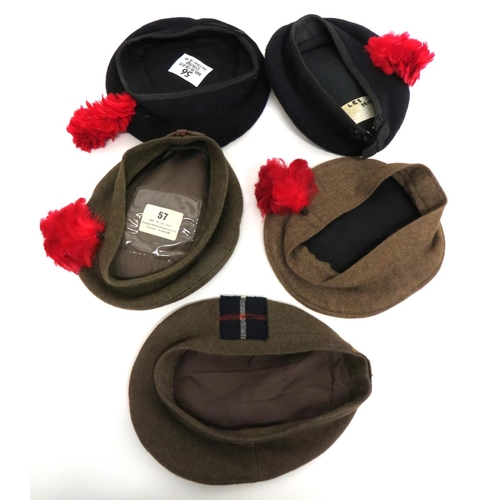 164 - Five Various Black Watch Tam O Shanter Hats
consisting 3 x khaki examples.  Two complete with f... 