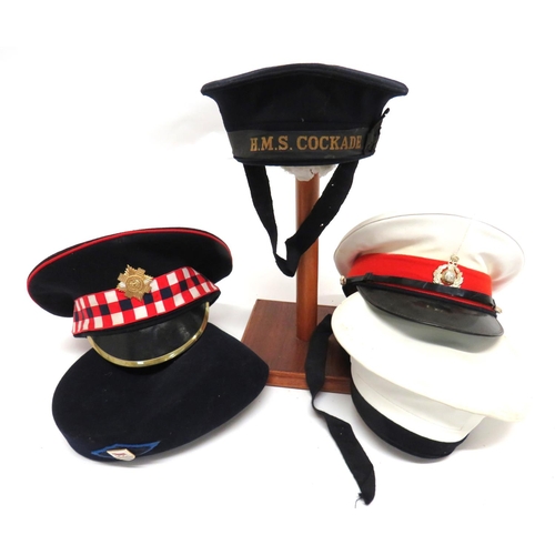 174 - Small Selection Of Various Hats
consisting Scots Guards dress cap.  Lower checkered band.  ... 