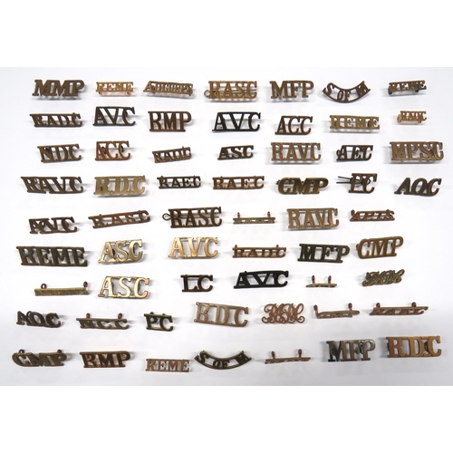 18 - 60 x Corps Brass Shoulder Titles
including RMP ... MMP ... ACC ... A.D. Corps ... AOC ... CMP ... MP... 