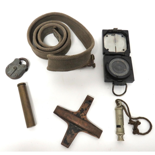 196 - Small Selection Of WW1 And WW2 Equipment
consisting 1915 dated, trench whistle by 