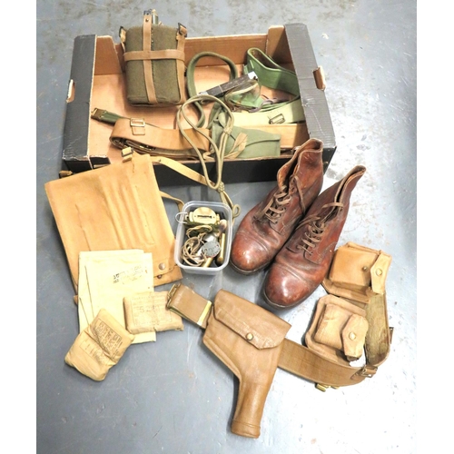 197 - Selection Of WW2 British Equipment
including brown leather, Officer's ankle boots ... 1944 dated, we... 