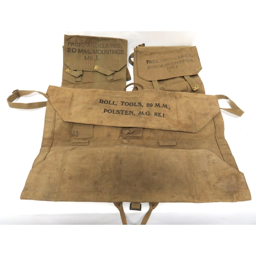 223 - WW2 Polsten MG MKI Tool And Ancillaries Bags
consisting long, khaki webbing, rectangular, fold up ba... 