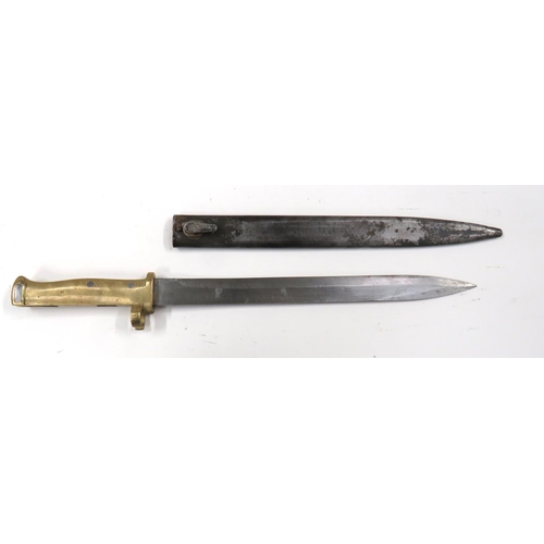 Imperial German WW1 Ersatz M88/98 Bayonet
12 1/4 inch, single edged blade with sharpened back edge point.  Rear edge with Ordnance stamp.  Brass, stepped, 3/4 muzzle ring, grip and pommel.  Contained in its steel scabbard.  