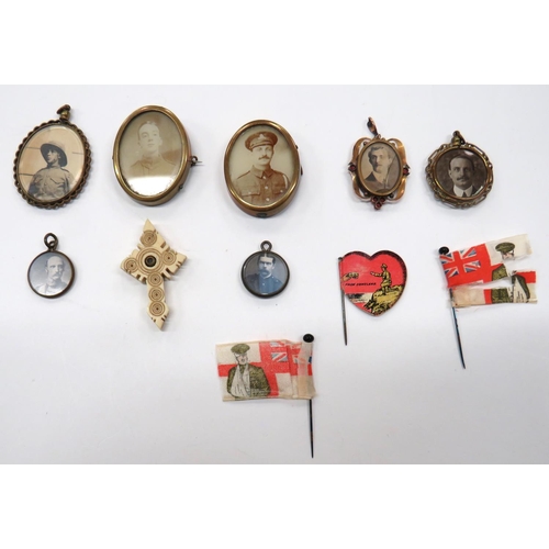 63 - Patriotic Lockets And Pin Badges
including gilt locket with photo of soldier with pith helmet ... Pa... 