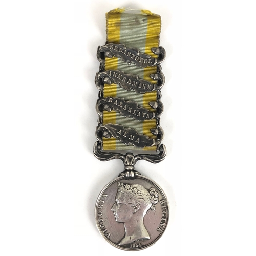 Royal Horse Artillery four clasp Crimea Medal.  Awarded to W HALL GR RL HORSE ARTY bearing four clasps ALMA, BALAKLAVA, INKERMANN and SEBASTOPOL. Contact marks. Later engraved in upright capitals.