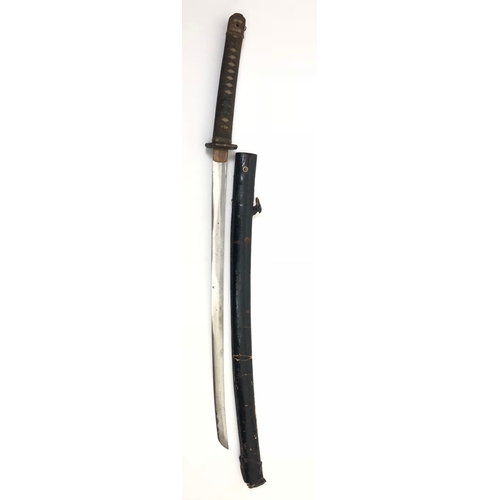 WW2 Japanese Katana Officer's Sword. Smith Signed with Arsenal Stamps  This example with a 26 inch single edged blade.  The tang bears signature and armoury stamp. Fitted with military pattern furniture and grip. Complete with a lacquered on wood scabbard retaining waterproof field cover. GC.
