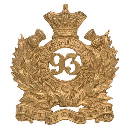 93rd Sutherland Highlanders Victorian Scottish glengarry badge c. 1868-81.  Good scarce die-stamped brass crowned circlet SUTHERLAND HIGHLANDERS resting in thistle sprays on CAPE OF GOOD HOPE scroll; 93 to voided centre.      Replacement loops East & West.  otherwise VGC  Became 2nd Bn Argyll & Sutherland Highlanders 1.7.1881 whilst under the command of Lt.Col. Ewan Henry Davidson Macpherson