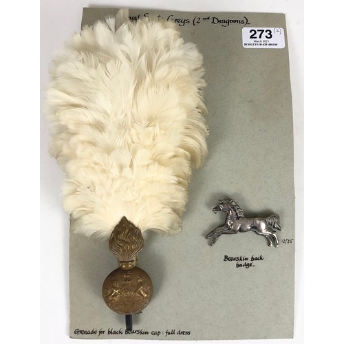 2nd Dragoons (Royal Scot Greys) card of 2 items of insignia.  Post 1901 bearskin brass plume holder complete with white feather plume ... silvered bearskin running horse back badge. All complete with fittings.