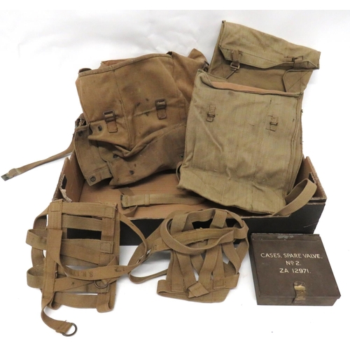Selection Of Military Radio Transit Bags
including webbing back pack, possibly for a No 46 set ... 2 x webbing harness for the No 38 radio set.  Together with a khaki painted, tin box "Cases Spare Valve No 2".  Complete with 4 spare valves.  5 items.