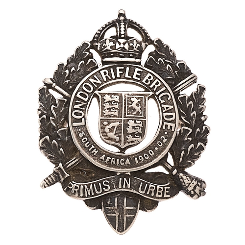 121 - London Rifle Brigade WW1 Officer's 1917 HM silver cap badge. Good London hallmarked example by HB (H... 