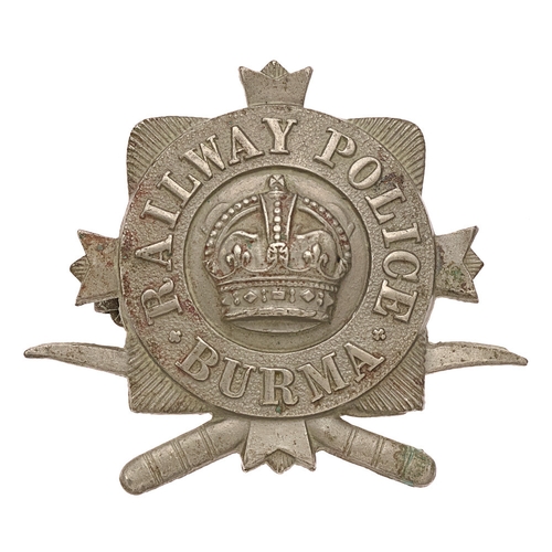 137 - Burma Railway Police pre 1942 head-dress badge.  Good scarce die-cast white metal title rayed square... 