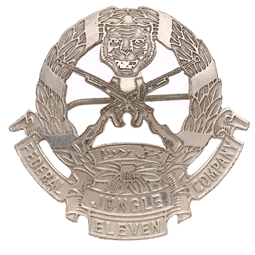 158 - 11th Federal Jungle Company Malay head-dress badge c. 1951.  Good rare die-pressed white metal laure... 