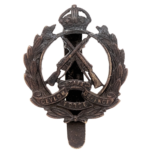 170 - Ceylon Defence Force Staff cap badge c. 1910-49.  Good scarce small size bronze crowed circlet resti... 