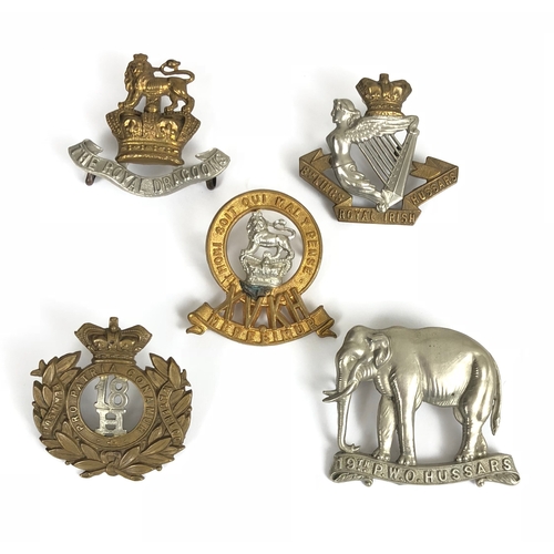 5 Victorian Cavalry cap badges.  Royal Dragoons ... 8th King's Royal Irish Hussars ... 15th King's Hussars ... 18th Hussars ... 19th Princess of Wales's Own Hussars. All complete with loops.