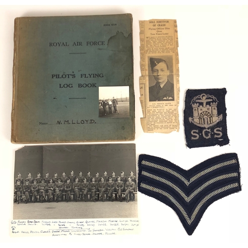 WW2 RAF 1941 Operational Pilot's Casualty Logbook 61 Squadron   This pilot's logbook records the flights of Flying Officer Neville Mellor Lloyd who flew operationally with 61 Squadron operating the Handley Page Hampdon Bomber.
The log covers a period of the 25th June 1938 to November 1942 ... Accompanied by a newspaper cutting giving details of his death ... 2 x original photographs ... 2 x cloth badges. GC.        Flying Officer Neville Mellor Lloyd joined the RAF VR in 1938 and started flying training at Redhill qualifying as a Sergeant Pilot. At the outbreak of WW2 he completed further flying training and on the 1st November was posted to 61 Squadron, flying his first trip on the night of the 6th November to Mannerheim, with Nurnberg two nights later. He completed 7 operations and on the night of the 1st February 1941 in snowy conditions was detailed for local night flying. His aircraft crashed on take off killing the only other crew member Sergeant Guest WOP/AG and he was seriously injured. He returned to duty, unfit for flying now as a Flying Controller but due to his injuries was discharge in August 1943 and died as a result of them on the 14th September 1943.