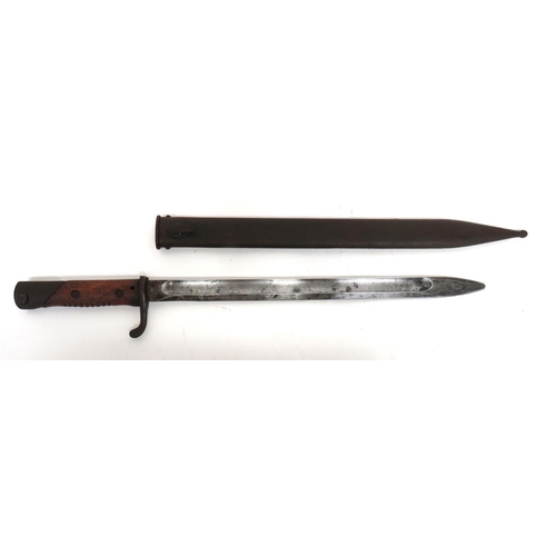 Imperial German Export "MG" G98 Bayonet
14 1/4 inch, single edged blade with wide fuller. &nbsp;Forte marked "S.W.". &nbsp;Back edge with Inspection stamp. &nbsp;Steel, turn up quillon crossguard and pommel. &nbsp;One piece, wooden grip with edge grooves. &nbsp;Contained in its steel scabbard. &nbsp;