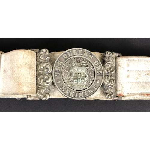 The Queen’s Own (Royal West Kent) Regiment VB Victorian Officer's waist belt.  Good scarce white buff leather belt complete with interlocking silvered clasp.  Circlet inscribed THE QUEEN'S OWN REGIMENT; seeded centre mounted Royal Crest. Universal pattern rococo ends.  Minor service wear. GC